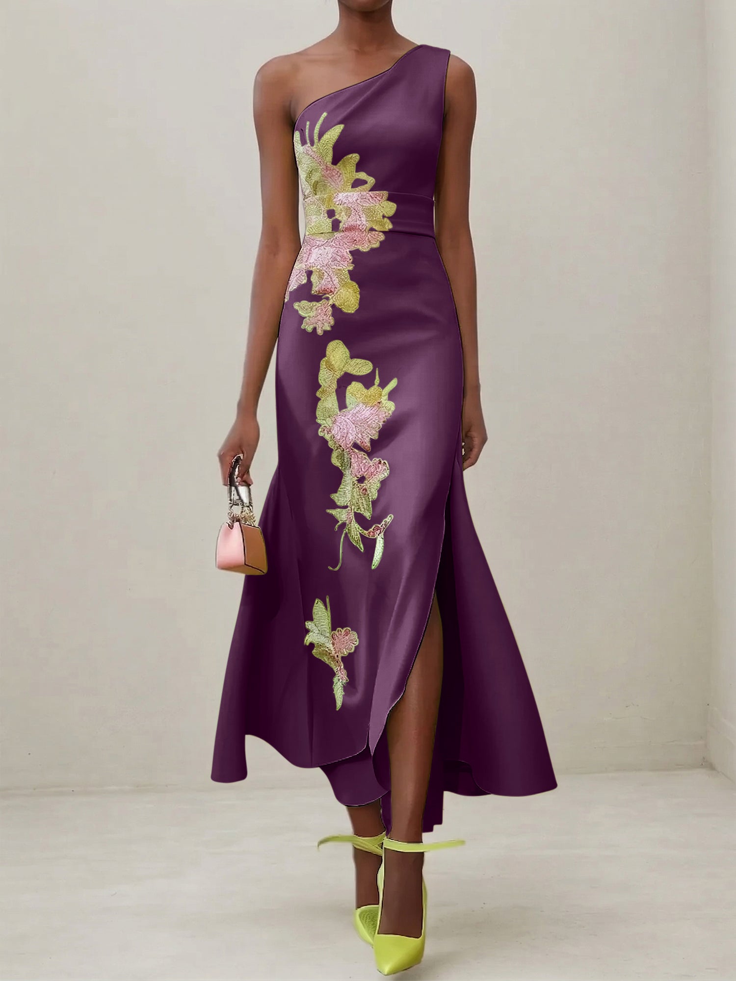 Green Floral One Shoulder Embroidered Cap Sleeve Slit Sheath Maxi Dress