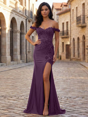 Mermaid Off-The-Shoulder Floral Corset Long Prom Dress with Slit