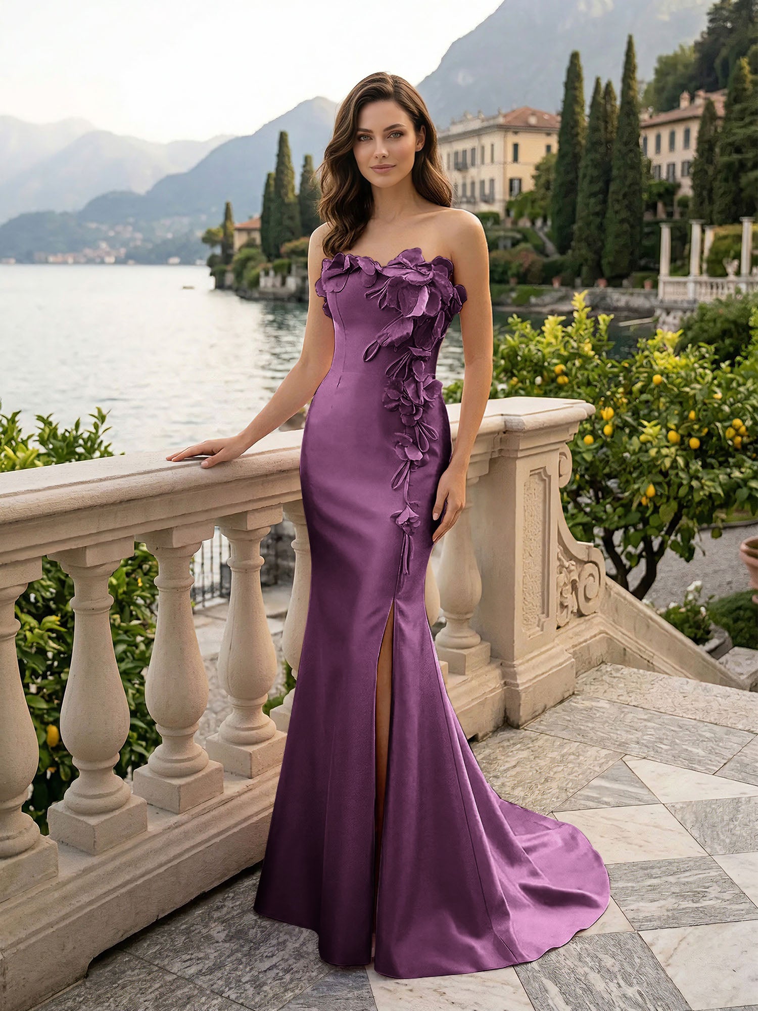 Pink Sweetheart Neckline 3D Flower Embellished Mermaid Evening Gown Maxi Dress