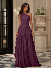 Emerald Green One-Shoulder Ruched Asymmetric Ruffle Chiffon Floor-Length Gown Dress
