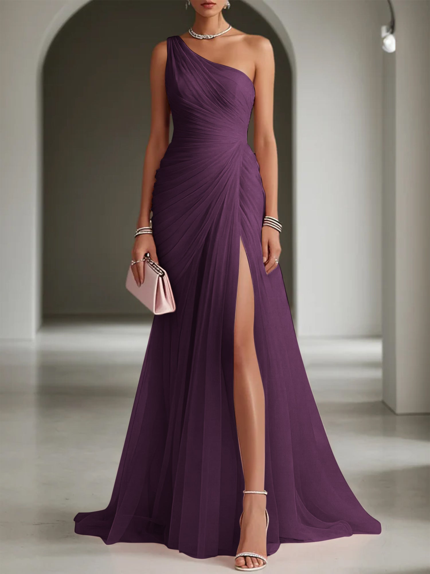 Pink Ruched Slit Tulle Strapless One Shoulder Sheath Gown Dress