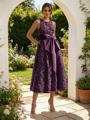 Pink 3D Floral Bow Crew Neck A-Line Midi Dress