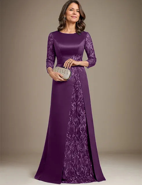 Robe de mère de la mariée en satin et dentelle, coupe trapèze, longueur au sol, avec appliques 