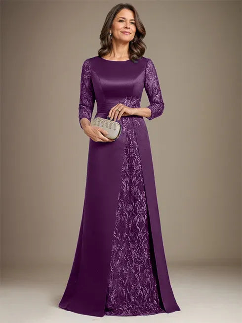 Robe de mère de la mariée en satin et dentelle, coupe trapèze, longueur au sol, avec appliques 