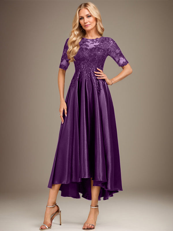 A-line Scoop Illusion Asymmetrical Stretch Satin Lace Mother of the Bride Dress With Sequins