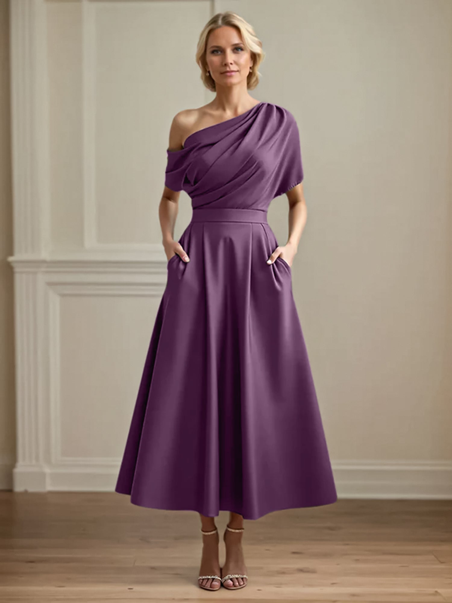 A Line Satin One Shoulder Pleated Ankle Length Mother of the Bride Dress