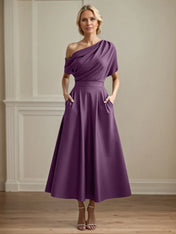 A Line Satin One Shoulder Pleated Ankle Length Mother of the Bride Dress