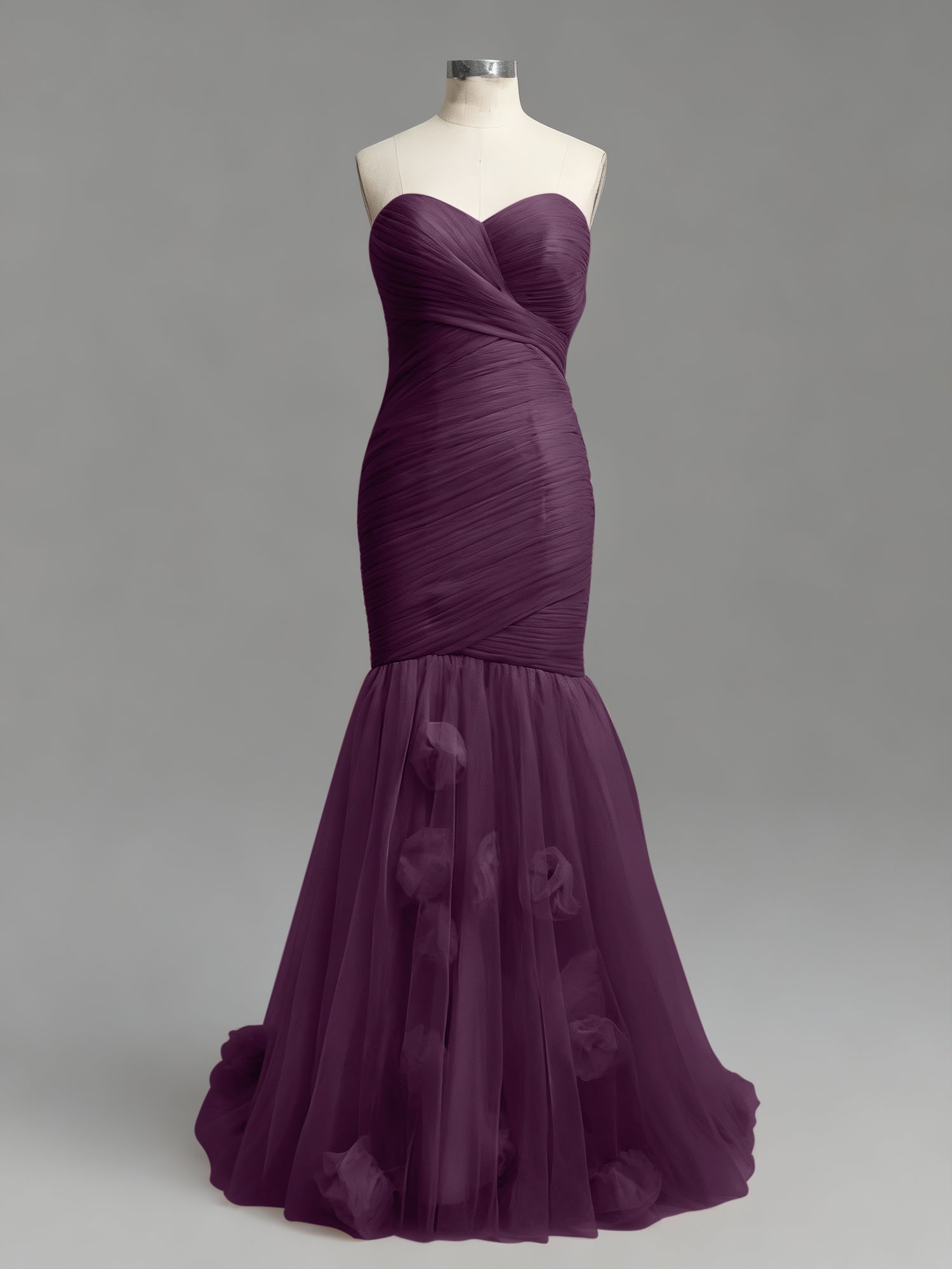 Dusty Rose Mermaid Strapless Ruched Tulle Prom Dress with 3D Floral