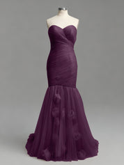 Dusty Rose Mermaid Strapless Ruched Tulle Prom Dress with 3D Floral