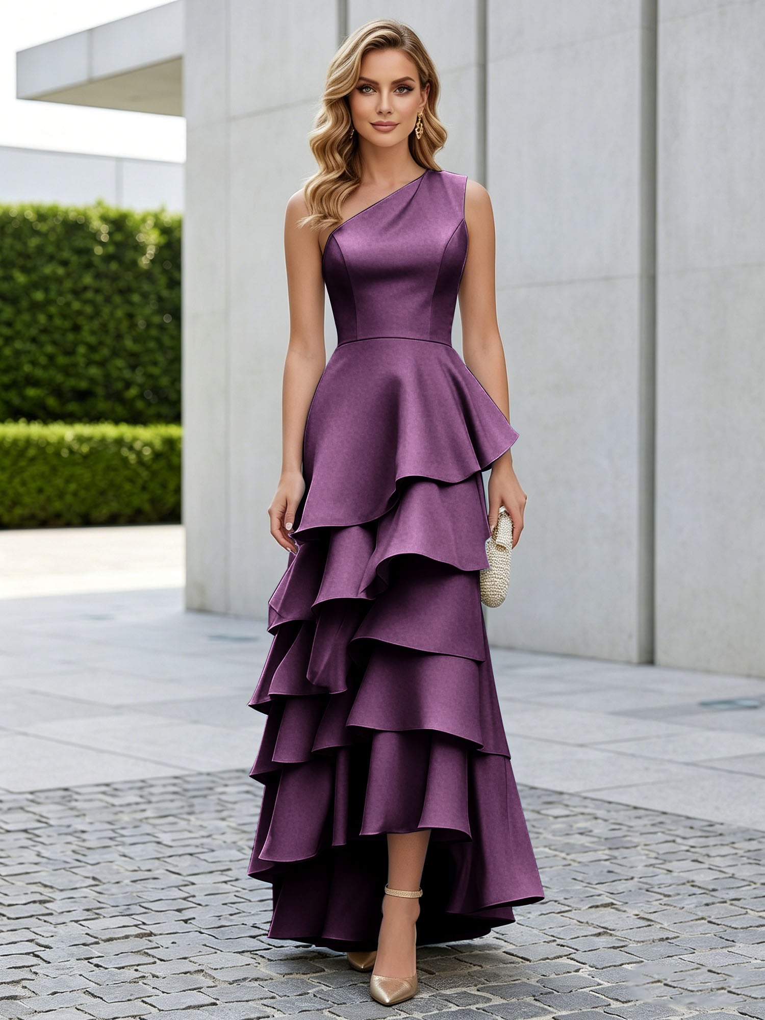 One Shoulder Tiered Ruffle Satin Mermaid Evening Gown with Sculptural Layers