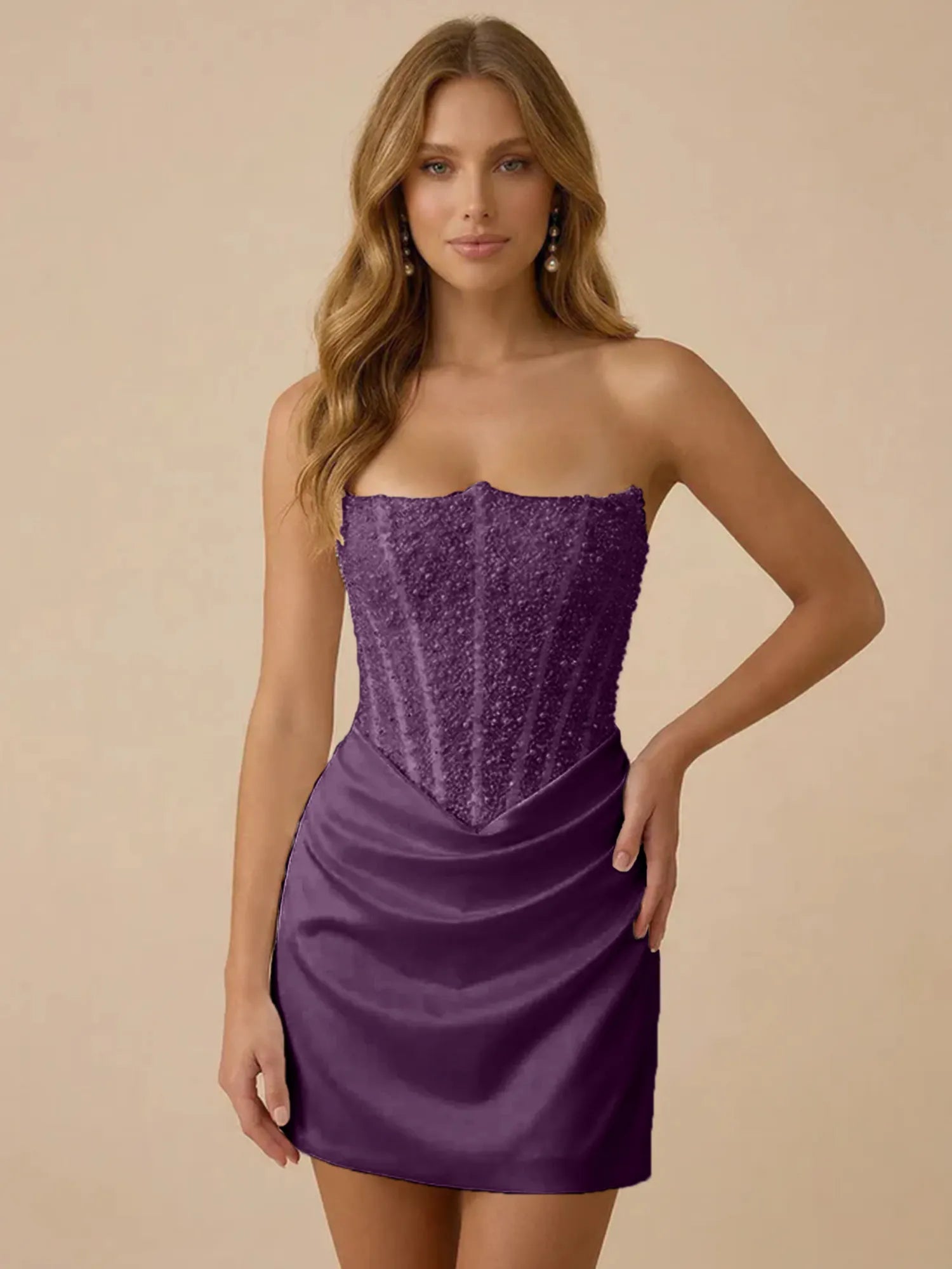 White Strapless Sequin Beaded Satin Short Homecoming Dress with Corset