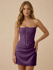 White Strapless Sequin Beaded Satin Short Homecoming Dress with Corset