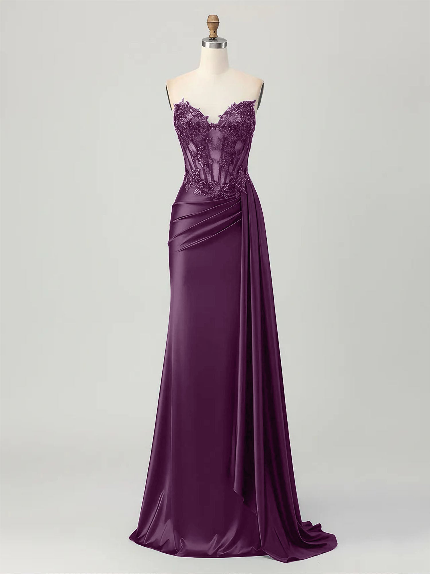 Strapless Illusion Bodice Prom Dress with Satin Skirt