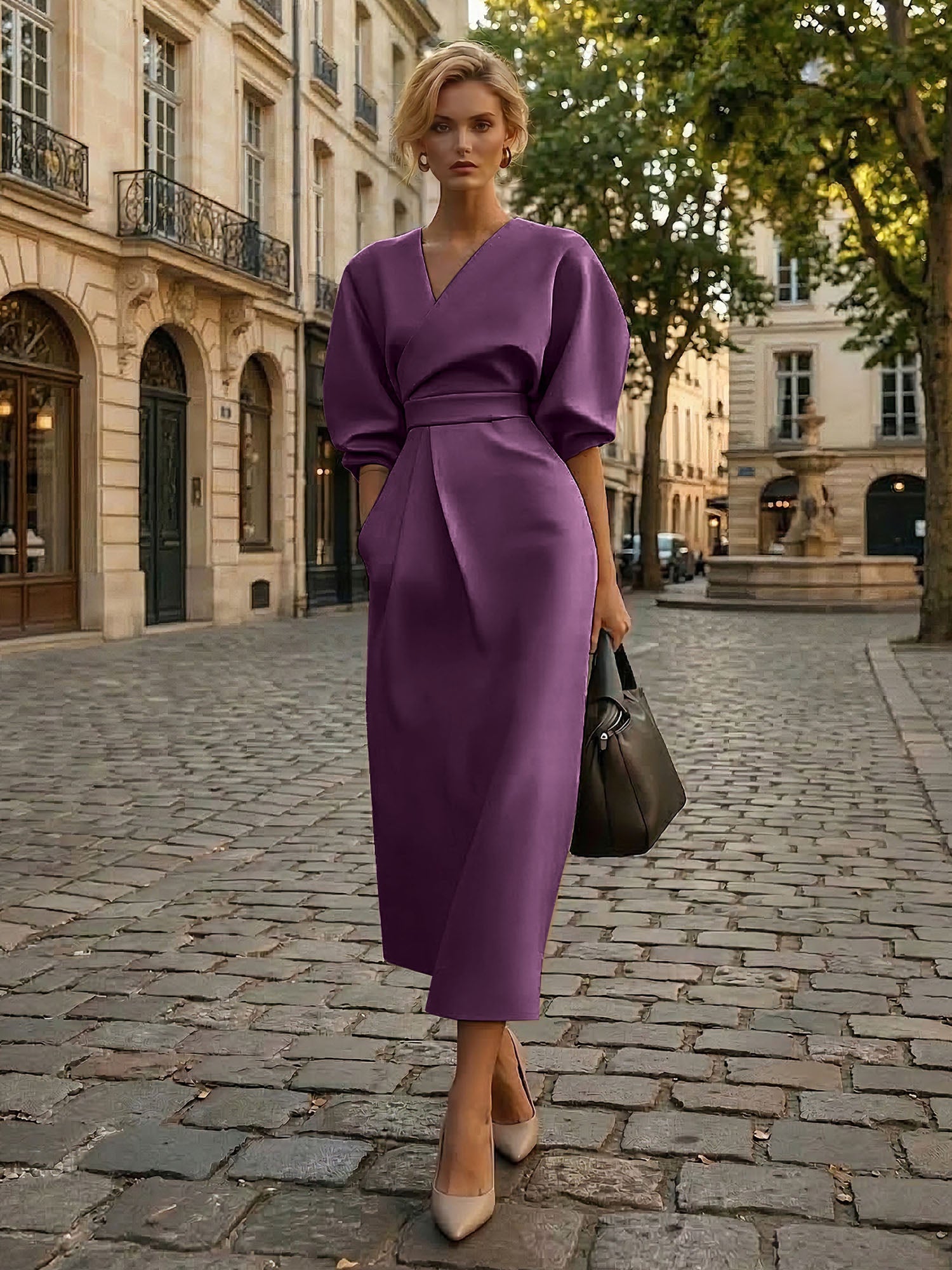 Sophisticated Camel V-Neck Balloon Sleeve Midi Dress Evening Gown