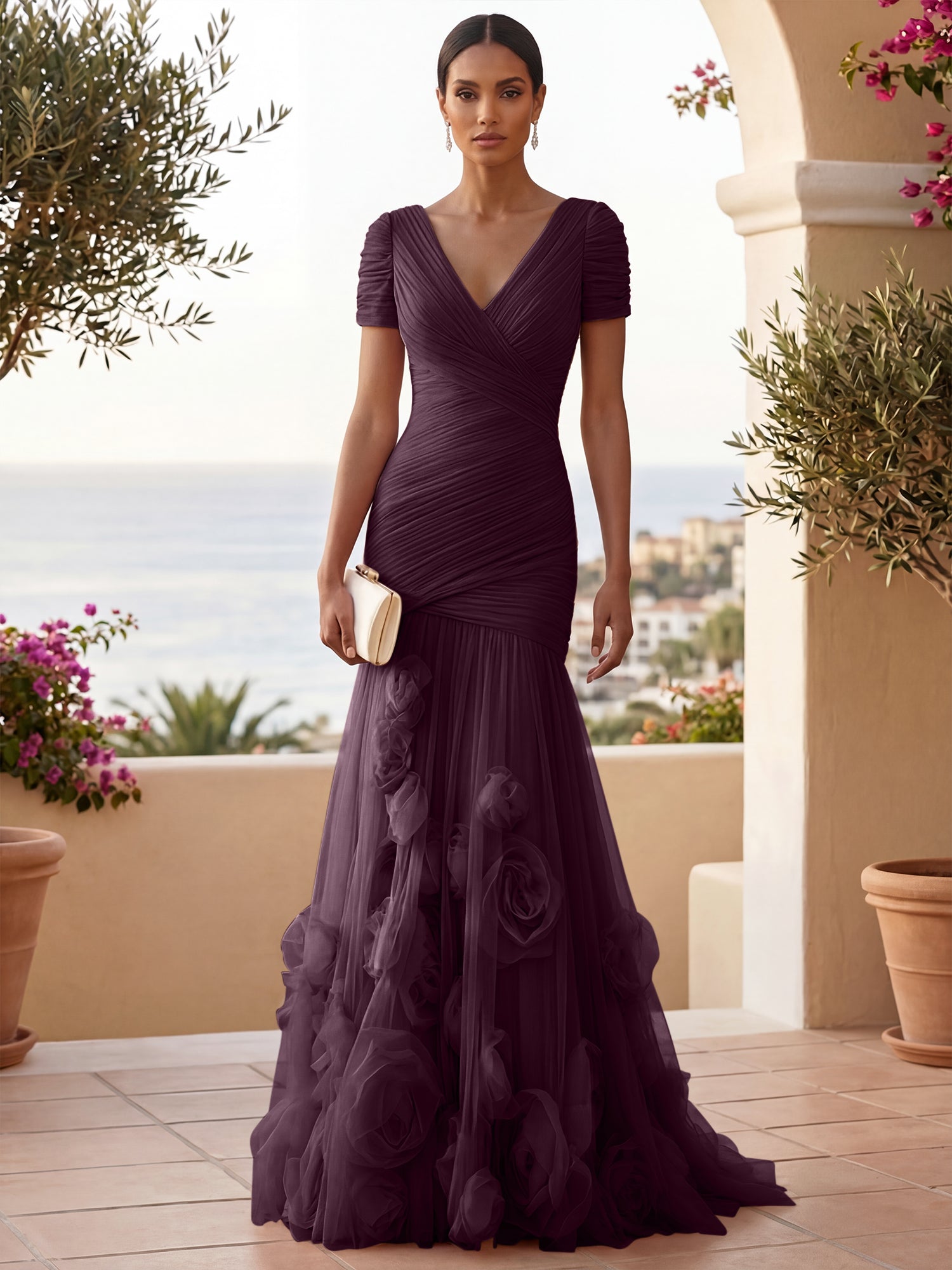 Sweetheart Tulle Short Sleeves Pleat Mermaid Evening Dresses with 3D Flower