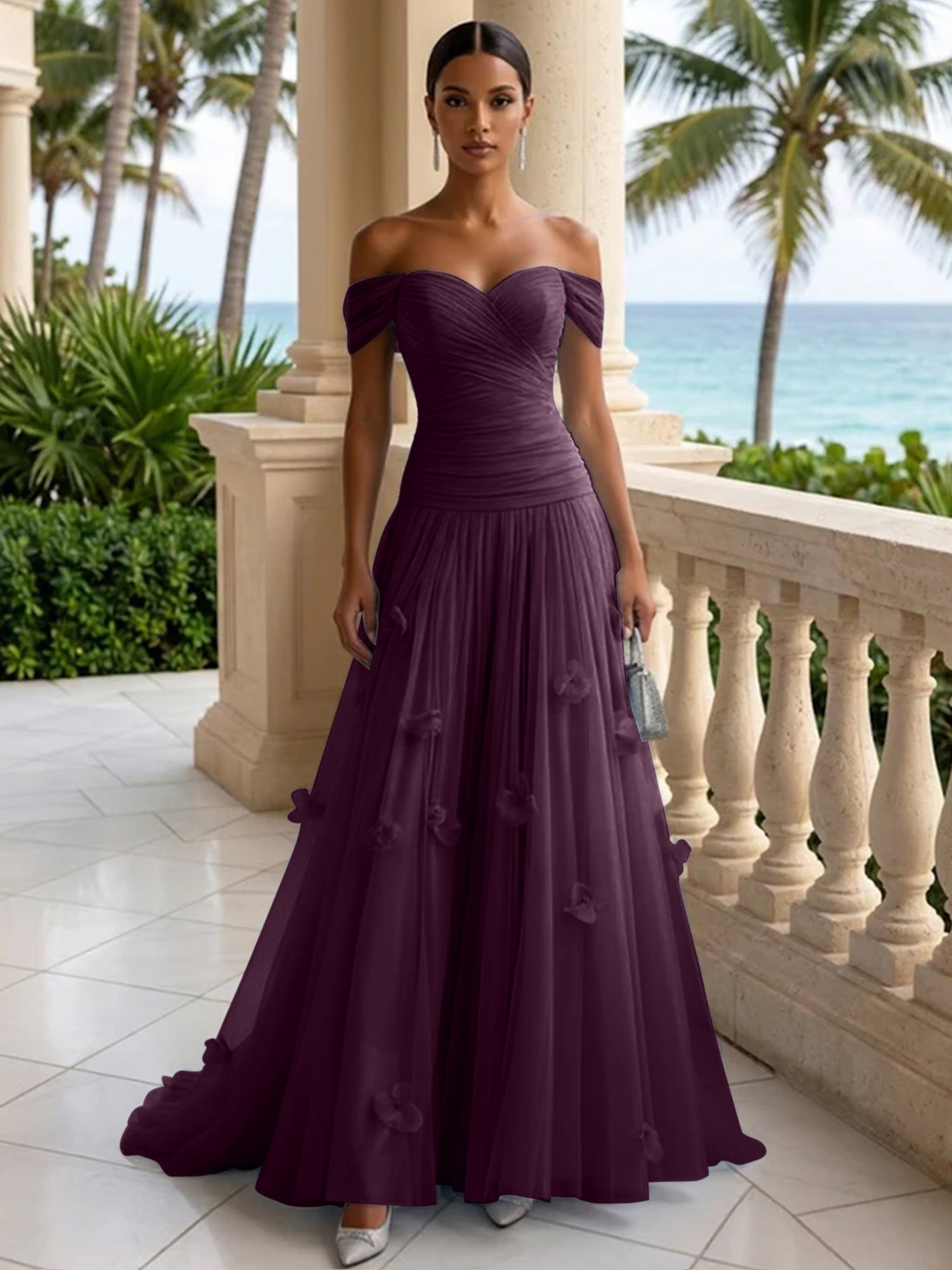 Light Blue Evening Dress with 3D Flower Off The Shoulder Pleat Maxi Dress