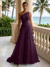 Light Blue Evening Dress with 3D Flower One Shoulder Pleat Maxi Dress