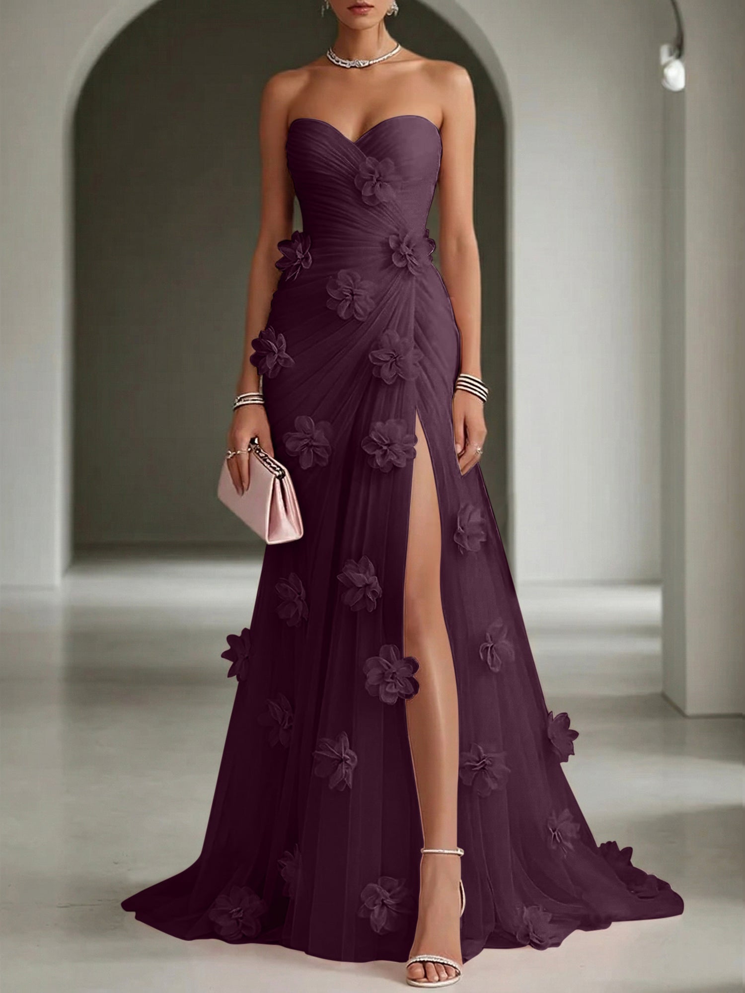 Ethereal Blush Slit 3D Floral Strapless Tulle Gown Dress