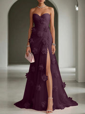 Ethereal Blush Slit 3D Floral Strapless Tulle Gown Dress