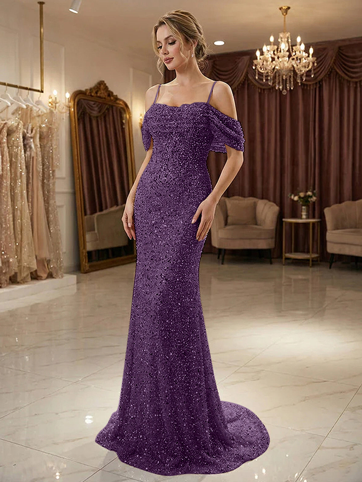 Sparkly Champagne Beaded Off-the-Shoulder Mermaid Long Prom Dress