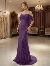 Sparkly Champagne Beaded Off-the-Shoulder Mermaid Long Prom Dress