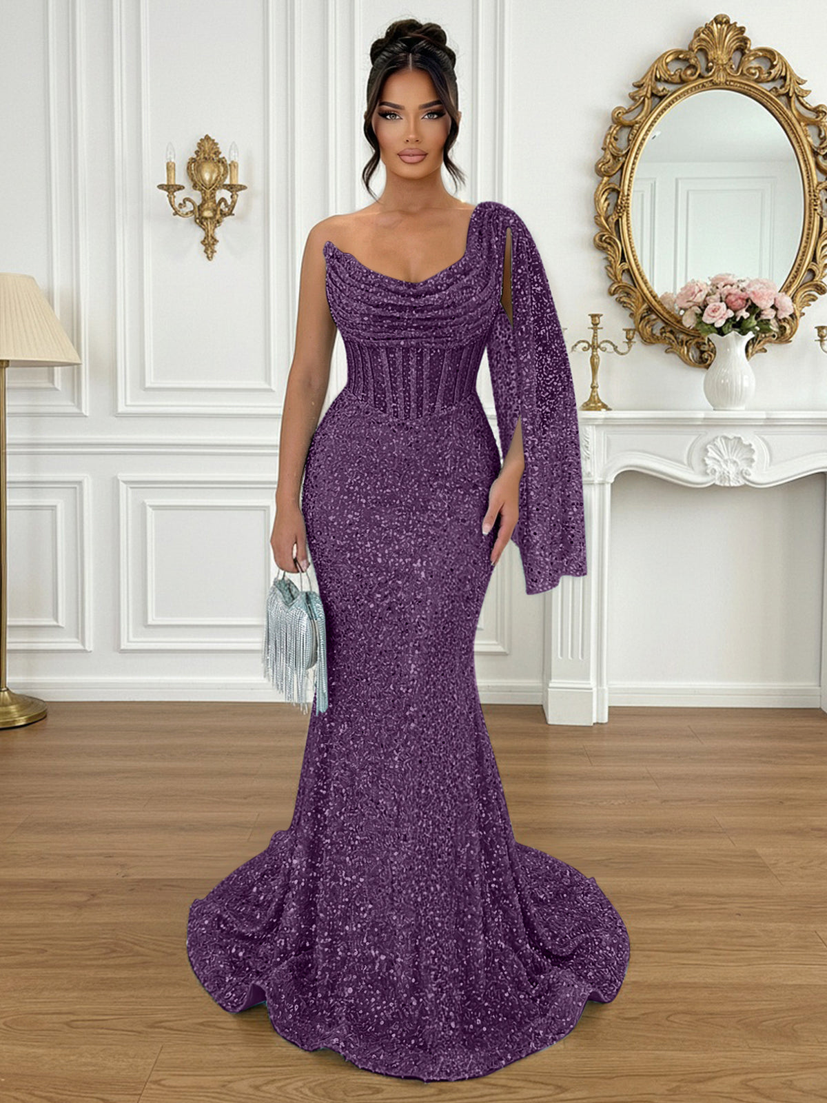 Glamorous Ice Blue One-Shoulder Sequin Corset Mermaid Prom Dresses