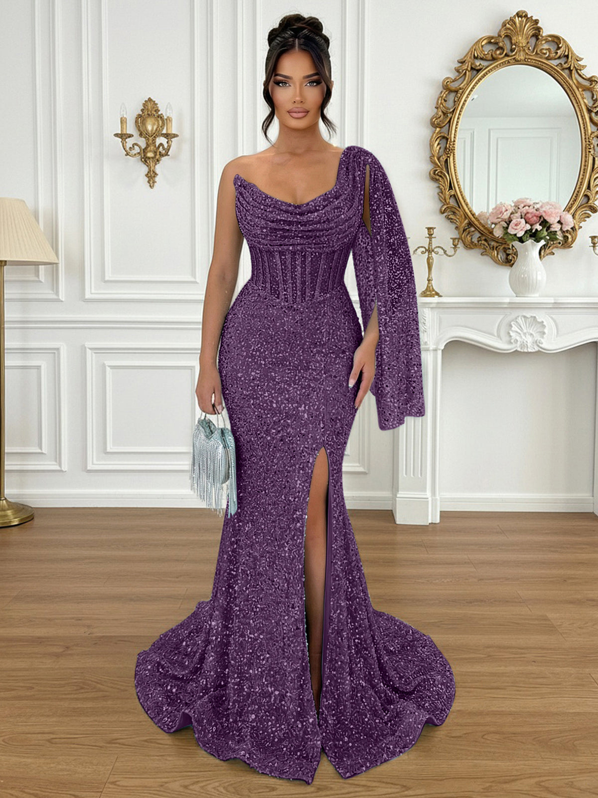 Glamorous Ice Blue One-Shoulder Sequin Corset Mermaid Prom Dresses with Slit