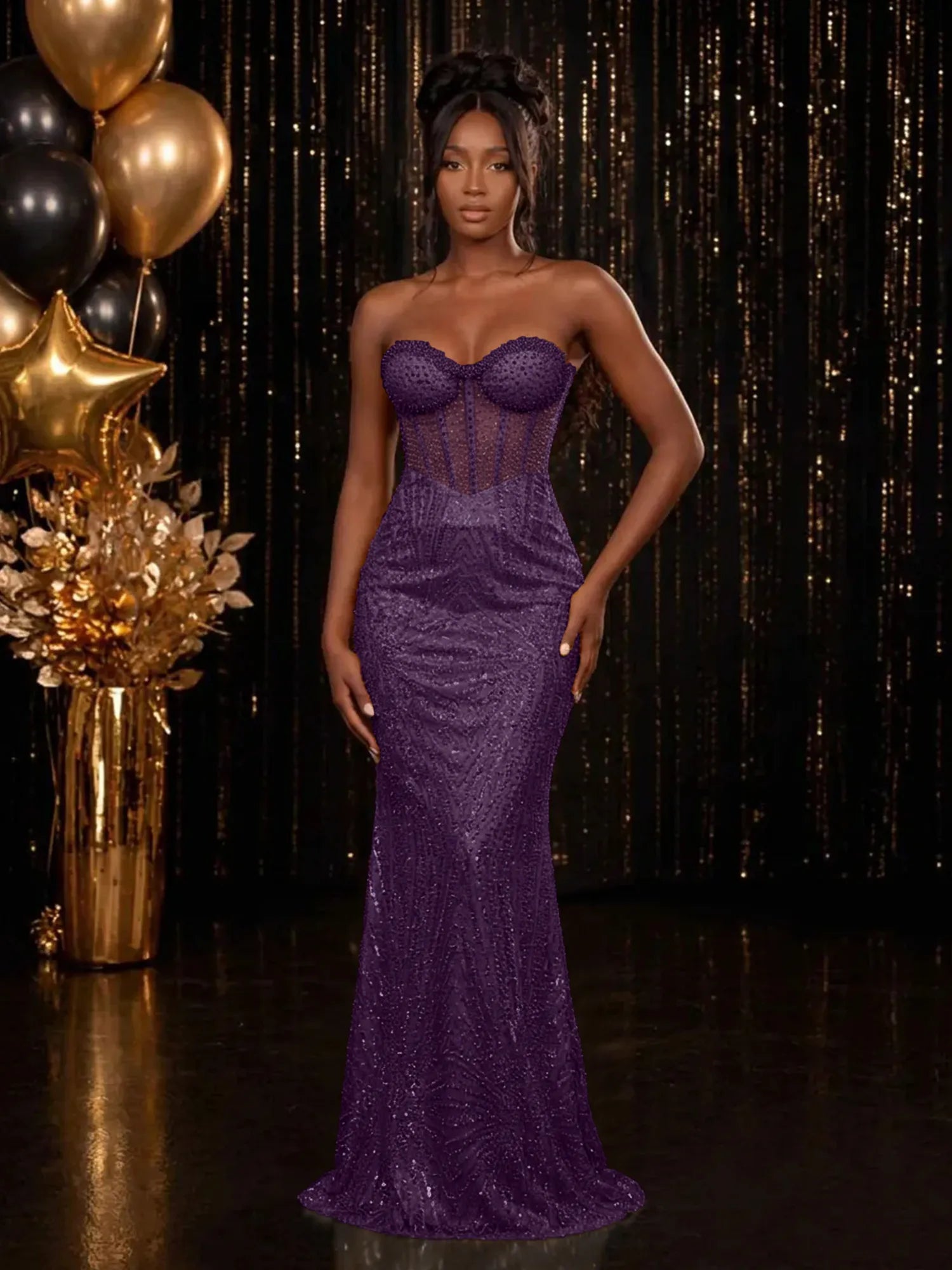 Strapless Sequin-Accented Mermaid Prom Dress with High Slit