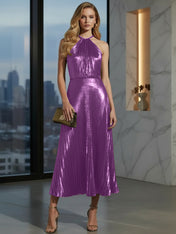 Luxurious Champagne-Gold Pleated Halter Midi Prom Dress