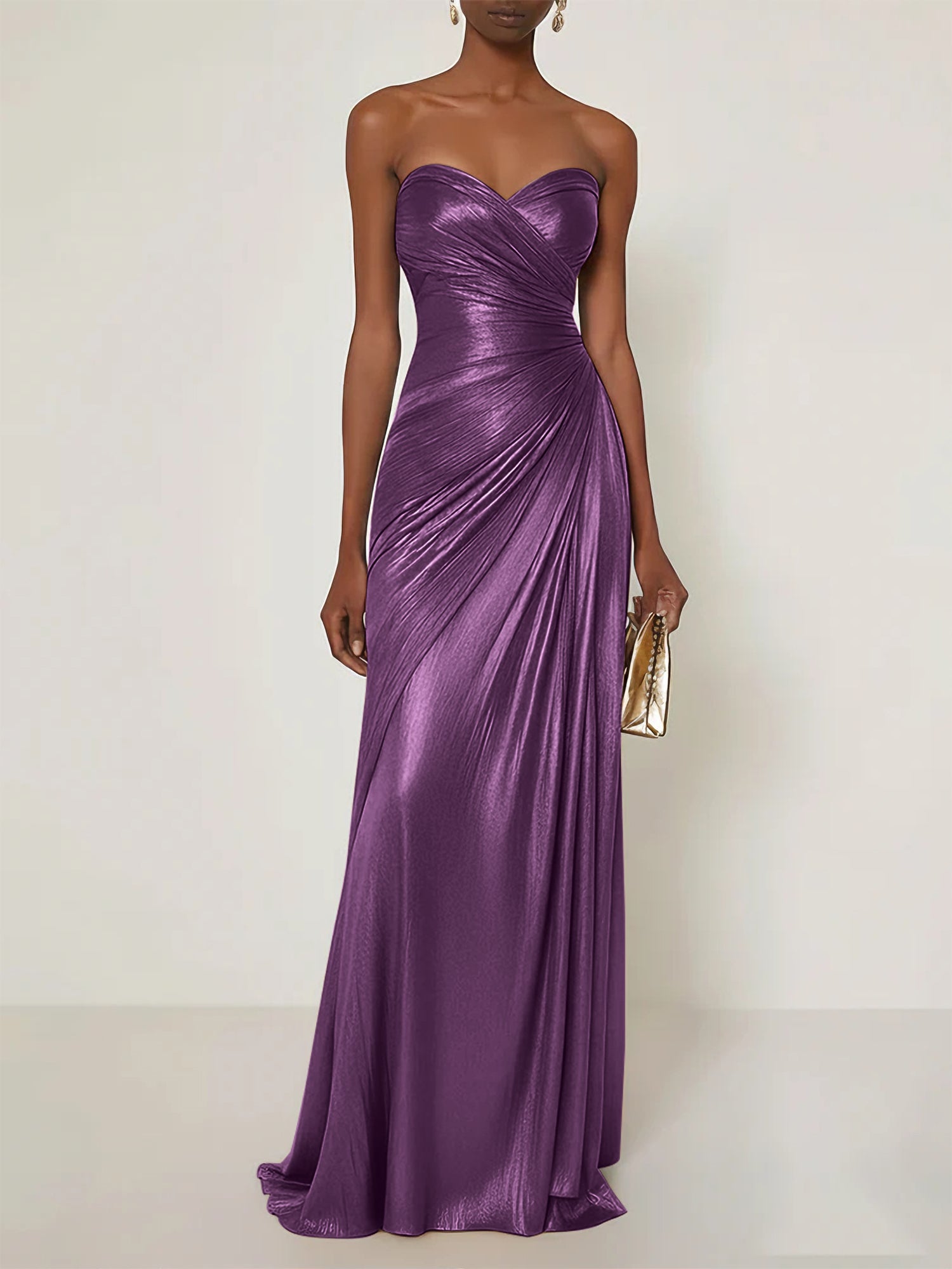 Evening Formal Dress V Neck Silver Silk Ruffles Strapless Maxi Dress