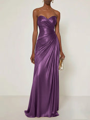 Evening Formal Dress V Neck Silver Silk Ruffles Strapless Maxi Dress