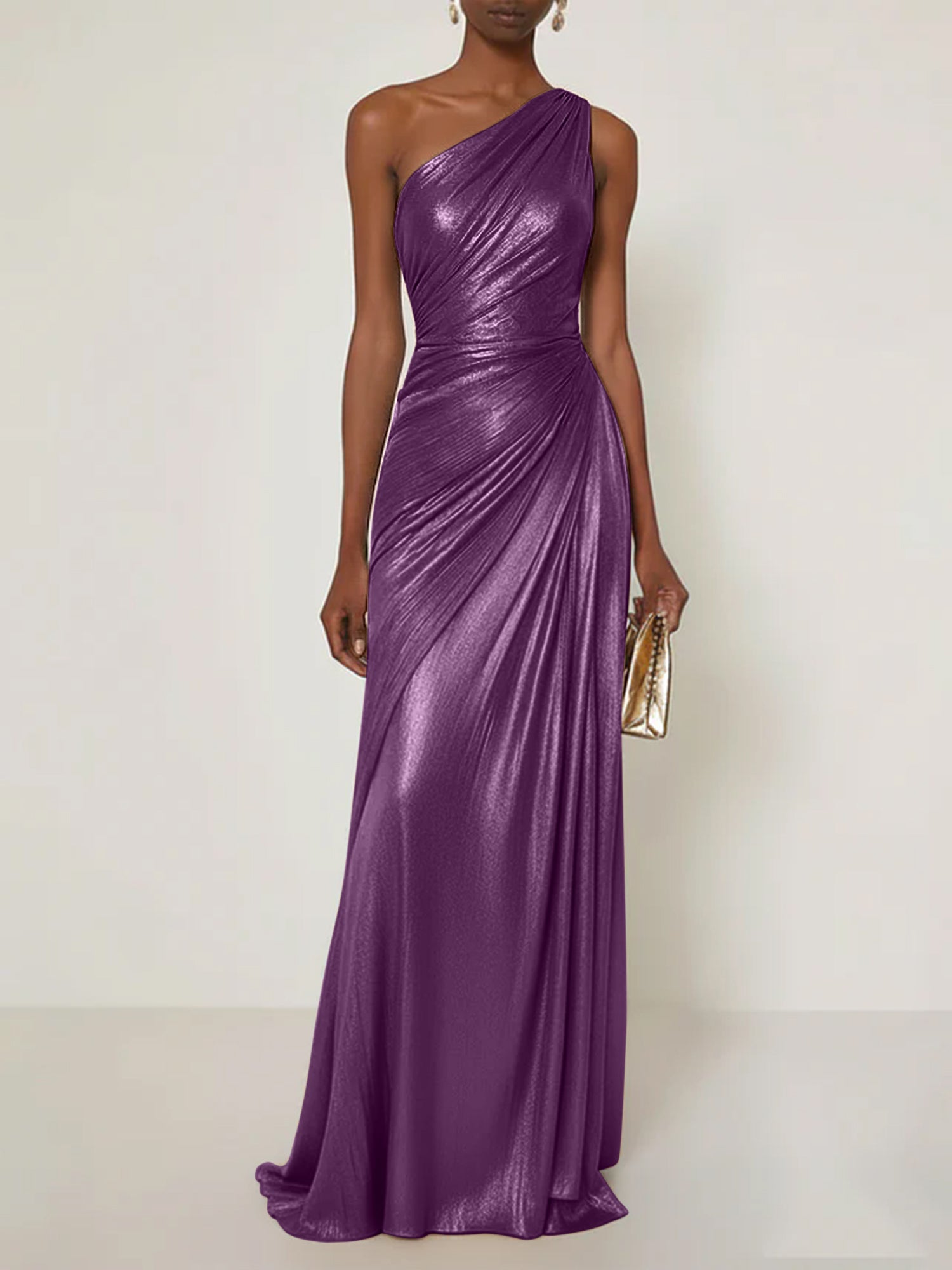 Evening Formal Dress One Shoulder Silk Ruffles Maxi Dress