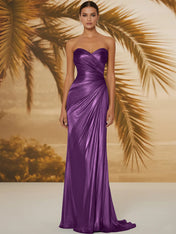 Evening Formal Dress V Neck Silk Ruffles Strapless Maxi Dress