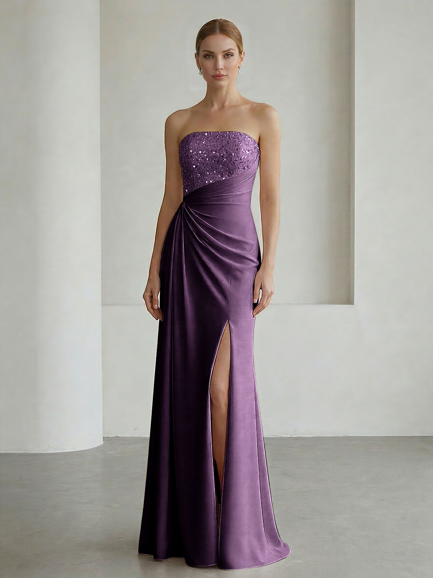 Glamorous Formal Evening Dress Soft Blush Beaded Strapless Slit Gown