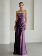 Glamorous Formal Evening Dress Soft Blush Beaded Strapless Slit Gown