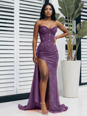 Glitter Orange Strapless Mermaid Sequined Long Prom Dress with Slit