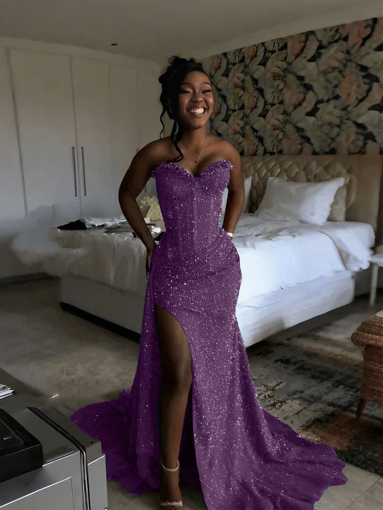 Glitter Strapless Mermaid Sequined Long Prom Dress with Slit