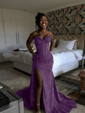 Glitter Strapless Mermaid Sequined Long Prom Dress with Slit