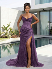 Gold Strapless Pearl-Embellished Corset Prom Dress with Slit