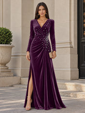 V-Neck Pearl Ruched Burgundy Velvet Floor-Length Evening Dresses with Long Sleeves