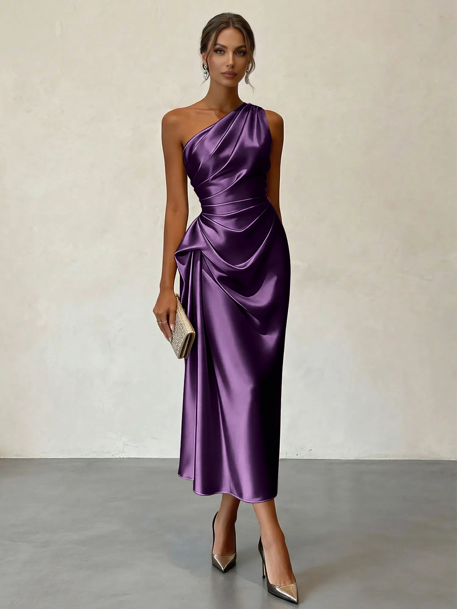 Champagne Ruched Satin One Shoulder Sleeveless Sheath Midi Dress