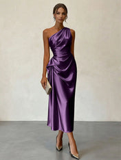 Champagne Ruched Satin One Shoulder Sleeveless Sheath Midi Dress