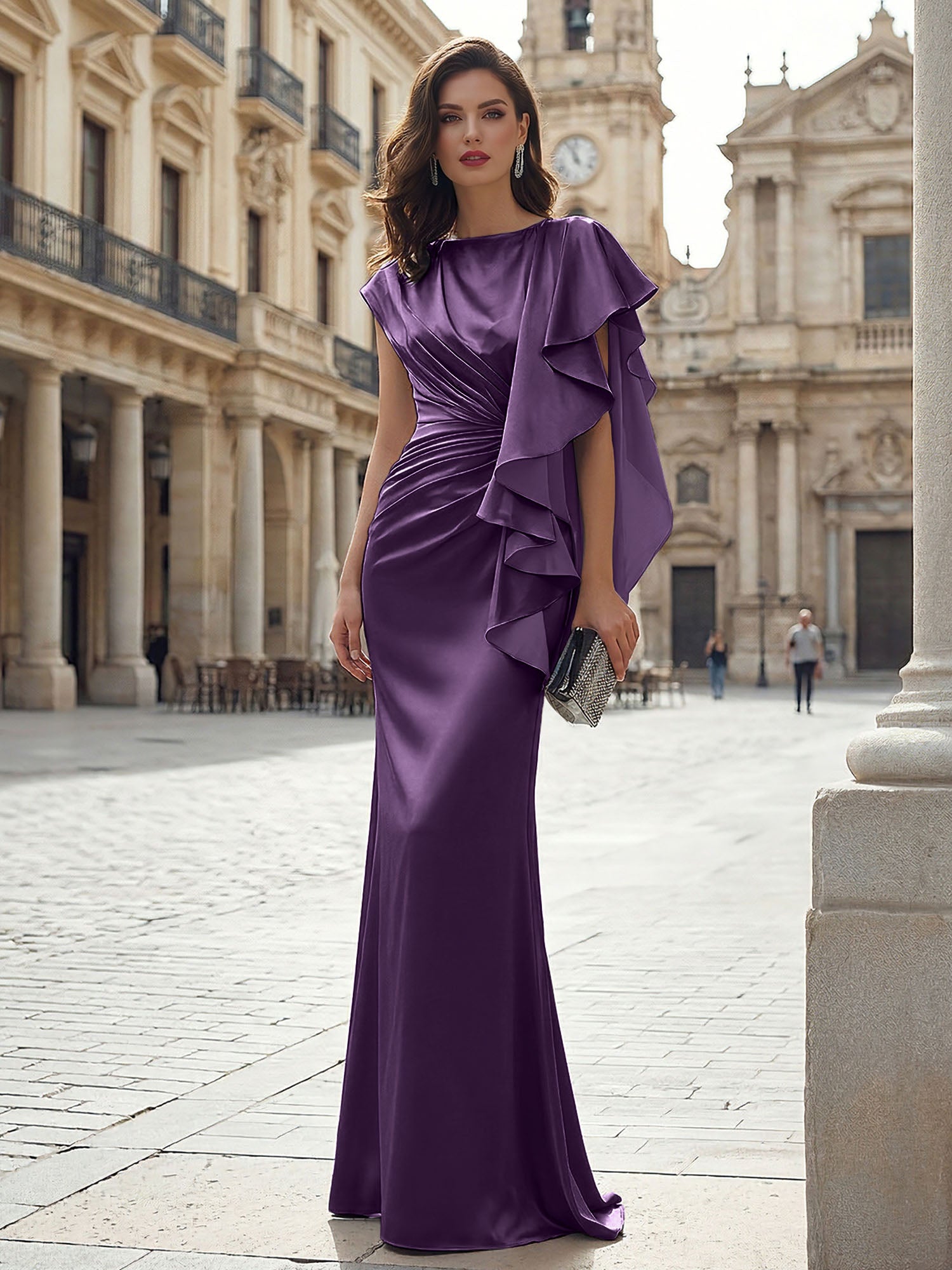 Elegant Formal Evening Dress Moonlight Silver Asymmetrical Ruffle Satin Gown