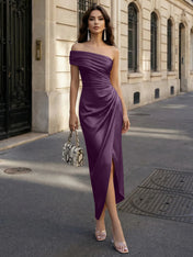Champagne Off-Shoulder Ruched Satin Midi Dress Asymmetrical Slit Evening Gown