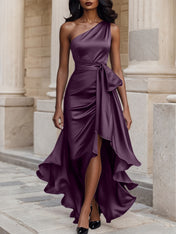Glamorous Formal Dress Midnight Navy One Shoulder High-Low Satin Gown Midi Dress
