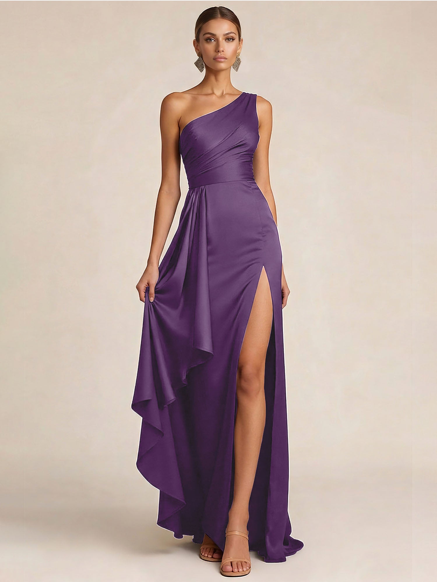 Sleek Foraml Evening Gown Midnight Navy One-Shoulder Satin Slit Maxi Dress