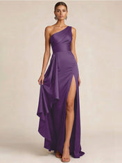 Sleek Foraml Evening Gown Midnight Navy One-Shoulder Satin Slit Maxi Dress