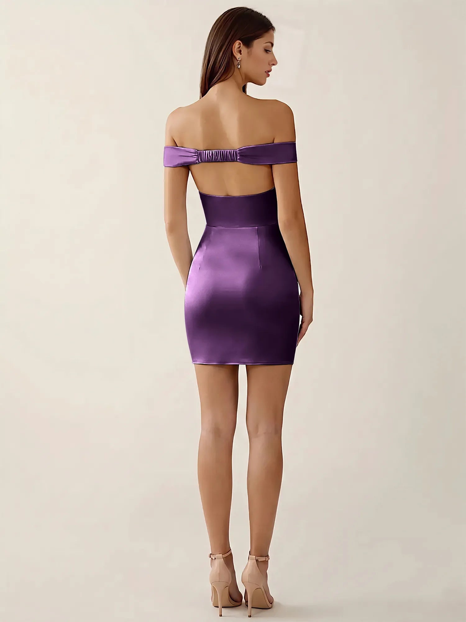 Off-The-Shoulder Ruched Satin Mini Homecoming Dress
