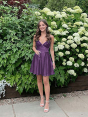 Blue A Line V-neck Beaded Back Tie Short Homecoming Mini Dress