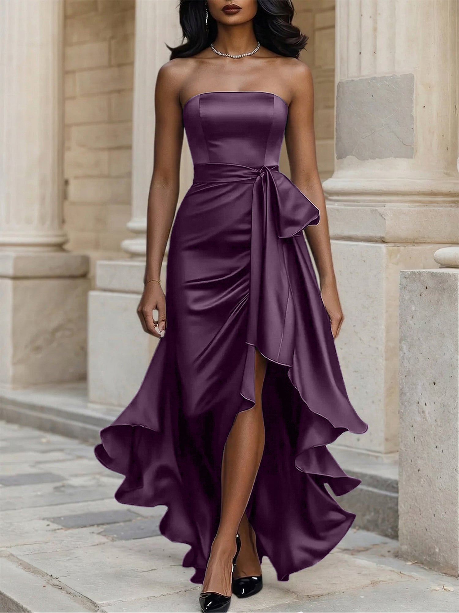 Glamorous Formal Dress Midnight Navy Strapless Satin Gown Midi Dress
